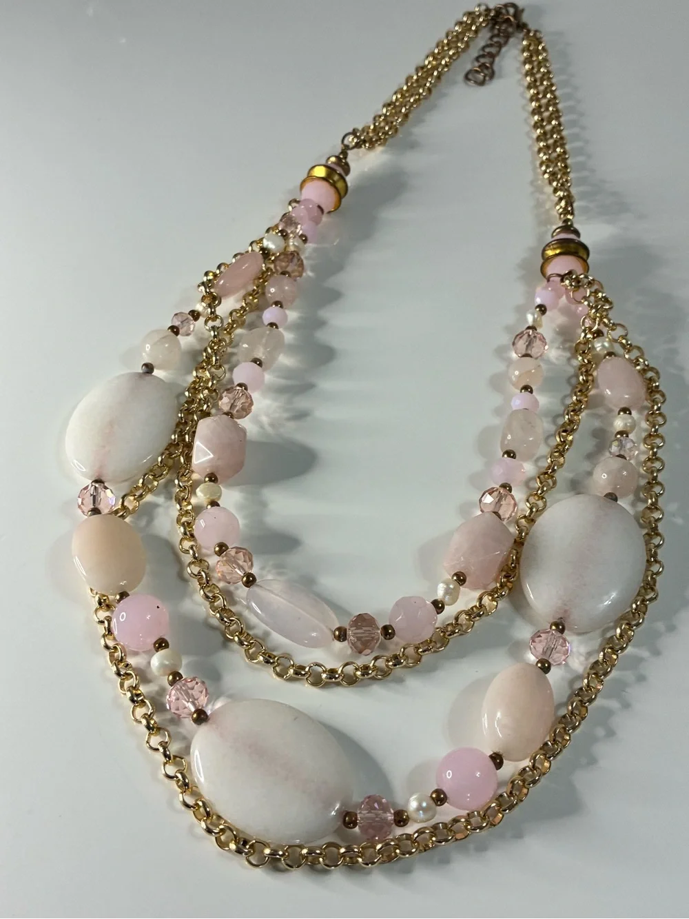 Multi-Strand Pink Rose Quart Chunky Beaded Gold-Tone Statement Necklace 156g